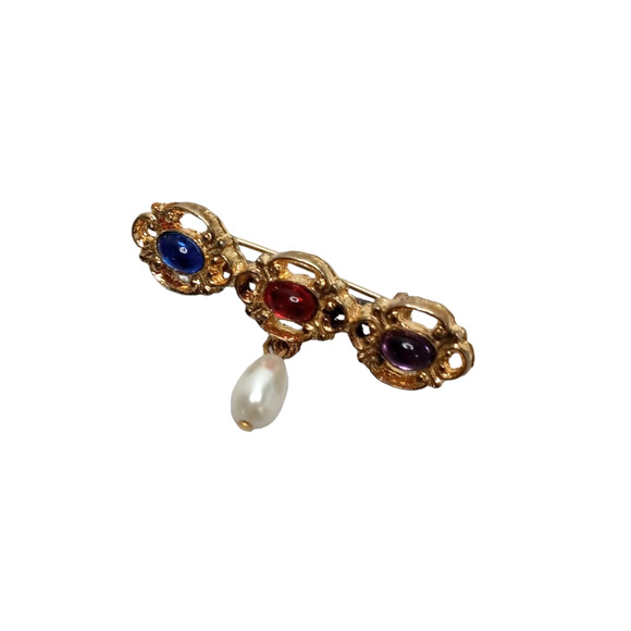 Vintage Cabochon Bar Pin Brooch Faux Pearl Drop Gold Tone VTG - Picture 13 of 16